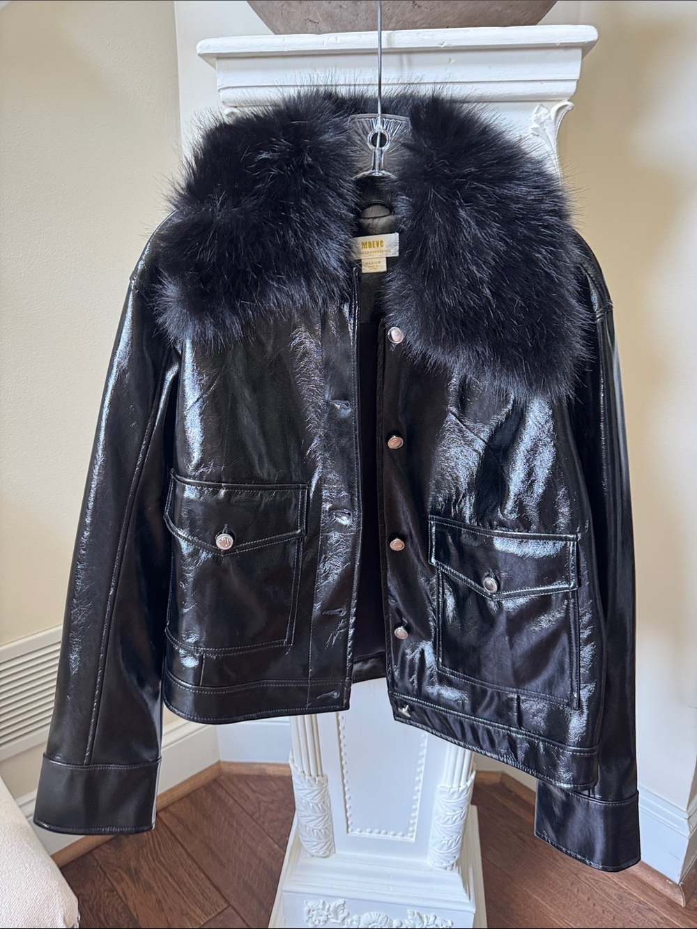 Maeve Black Shiny Faux Leather Jacket with Plush Detachable Fur Collar